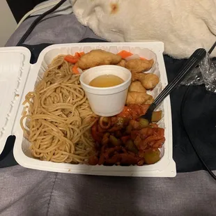 Lo mein noodles, kung pow chicken and sweet and sour chicken.