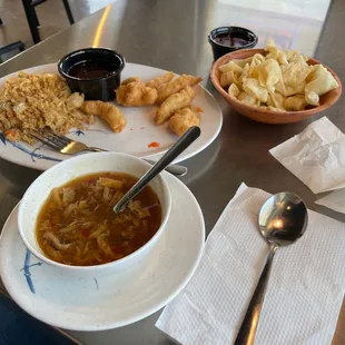 Sweet &amp; Sour Chicken, rice, hot and sour soup.