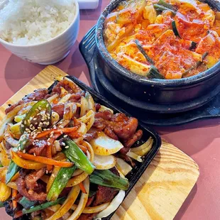 Spicy pork bulgogi was sizzling, bursting with flavor and texture. Tofu soup (soondubu jjigae) was a spicy, bubbling, heartwarming cauldron.