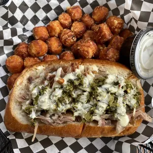 Duck Grinder with sweet potato tots