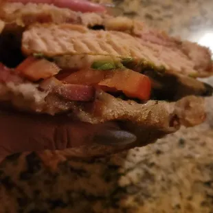 Grilled salmon and slab bacon  sandwich
