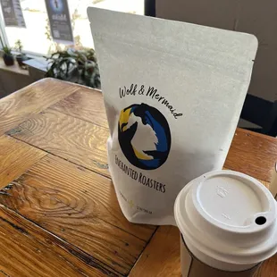 Brazilian/Costa Rican blend in the cup and a bag of whole beans (light roast)