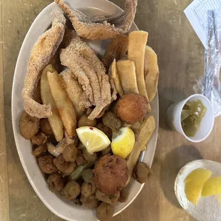 Catfish plate with fries, okra and tomato relish.  Delicious!