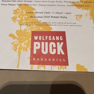 the menu for the restaurant