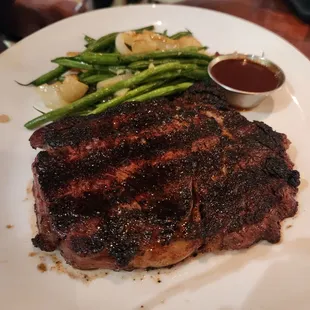 Ribeye with green beans and onions cooked perfect  and so