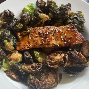 Wolfie's Grill: salmon and Brussels sprouts doubled instead of adding a 2nd side - perfect Mediterranean diet meal