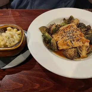 Soy Chili Glazed Salmon with Mac and cheese.