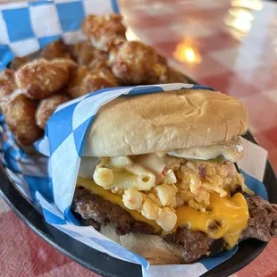 Burger of the month Pimento Mac and Cheese