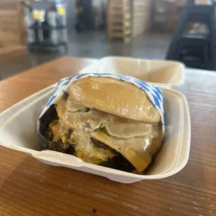 Double burger with extra sauce and pickles!