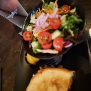 BBQ birdie melt with salad and srsenal cider