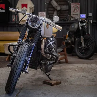 a motorcycle parked in a garage