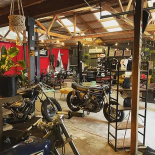 motorcycles in a garage