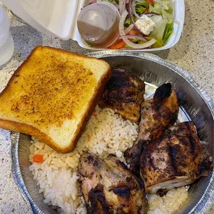 Greek chicken special: half chicken with rice, garlic toast, and small Greek salad. Good value ($11.99 as of Feb 2023) and tasty.