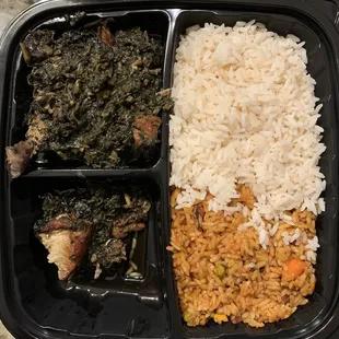 Jollof rice, white rice, cassava greens with chicken