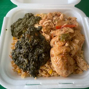 Chicken, rice and potato greens