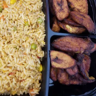 Fried plantains with Jollof rice