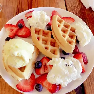 waffles, strawberries, and ice cream