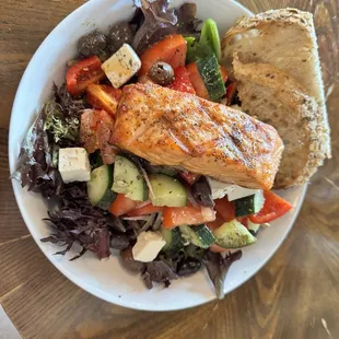 Greek salad with Salmon.