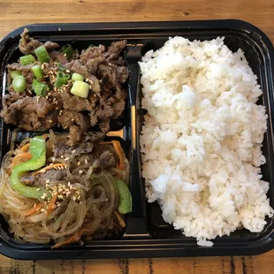 My favorite combination at Letsbap: White steamed rice, bulgogi and japchae.