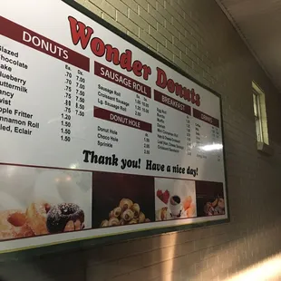 a menu for a donut shop