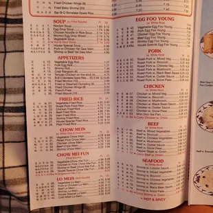 Specials, soups, appetizers, fried rice, chow mein, chow Mei fun, lo mein, egg foo young, pork, chicken, beef, and seafood.