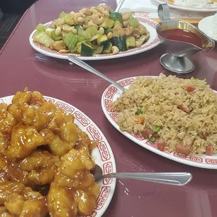 Cashew Chicken, Sesame Chicken, pork fried rice.