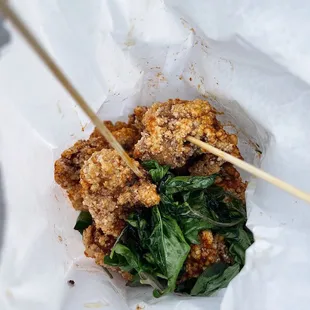 Popcorn chicken w/ basil