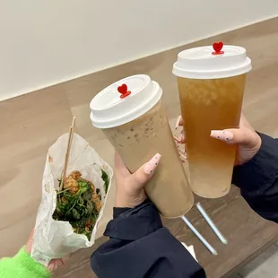 Popcorn chicken, pudding milk tea, guava green tea