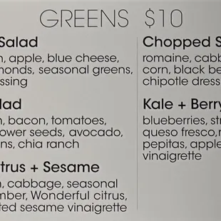 Greens Menu
