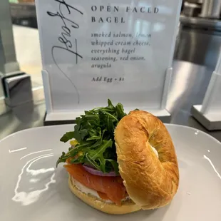 Open Faced Bagel
Smoked Salmon, Lemon Whipped Cream Cheese, Everything Bagel Seasoning, Red Onion, Arugula