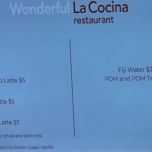 Coffee Bar Drinks Menu