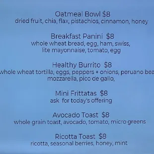 Coffee Bar Food Menu