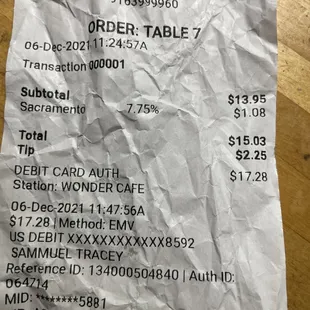 My receipt at the time of paying the bill