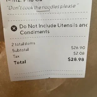 The receipt stating to not cook the noodles. No where does it say to replace it with egg noodle!!!!