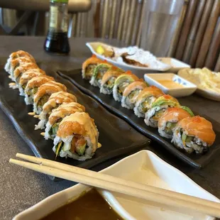 Spicy tuna salmon roll and albacore delight