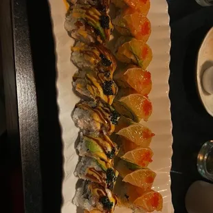 Lemon Salmon Roll on top and Black Dragon on the bottom