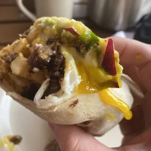 Whoa there!!! This breakfast burrito was the best I&apos;ve ever had. Gourmet deliciousness!! Steak burrito