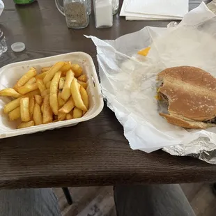Bacon cheese burger and fries.