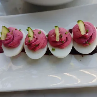 deviled eggs with pickled cucumbers