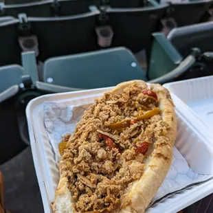 a hot dog in a styrofoam container