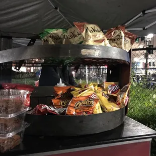 a display of chips and snacks