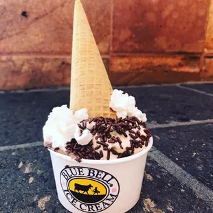 an ice cream cone with chocolate sprinkles and whipped cream