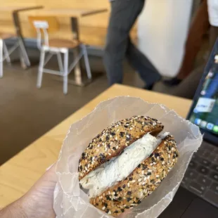 Everything bagel with charred scallion cream cheese