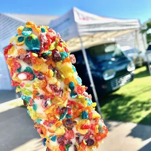 The Cereal Killer - vanilla bean ice cream dipped in white chocolate and rolled in Fruity Pebbles