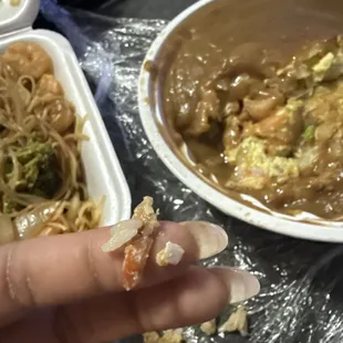 Well second time ordering and egg shells and shrimp tails in the egg foo young. Mad I wasted my money. Be careful ordering from here