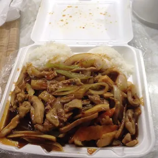 Small Szechuan chicken with rice, $5.25