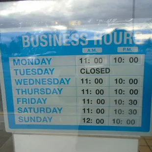 Hours of operation, front door.
