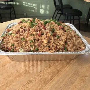 Small party tray of bbq pork fried rice