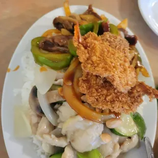 Combo Plate... Cashew Chicken, Fried Shrimp, Szechuan Beef, White Rice