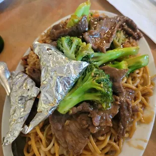 Combo Plate... Broccoli Beef, Chicken Chow Mein, Pork Fried Rice